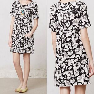 Maeve Anthropologie Zola Black White Floral Print Dress 6 Casual
